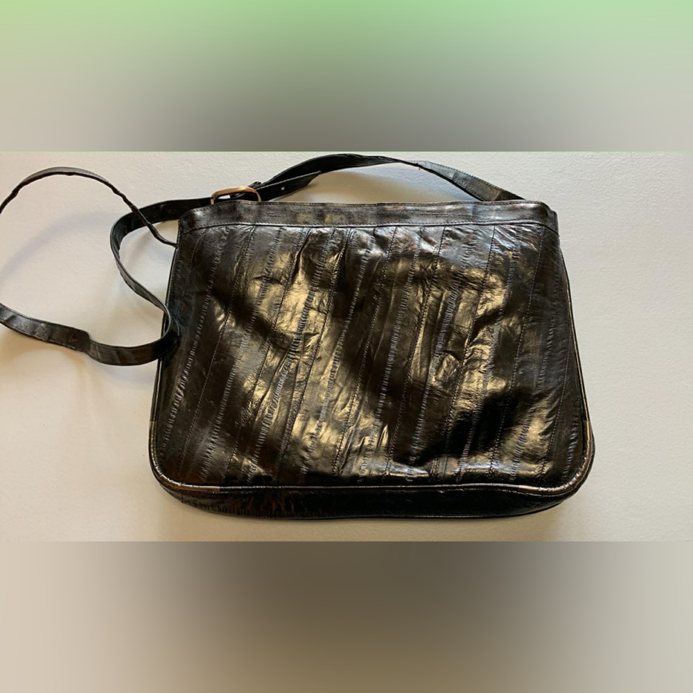 Vintage 80s Eel Skin Black Shoulder Bag - Picture 3 of 9